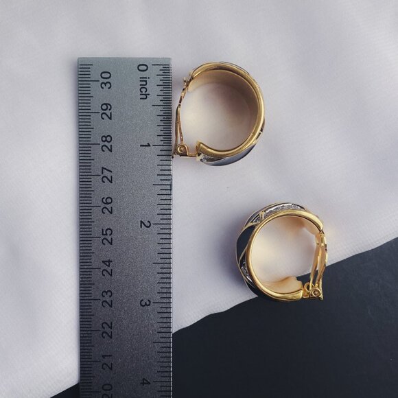 Vintage Swarovski Chunky Black Enamel Rhinestone Gold Half Hoop Clip Earrings - Picture 12 of 12